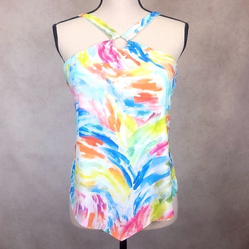 Time and Tru Multicolor Abstract Print High Neck Tankini Size 10/12